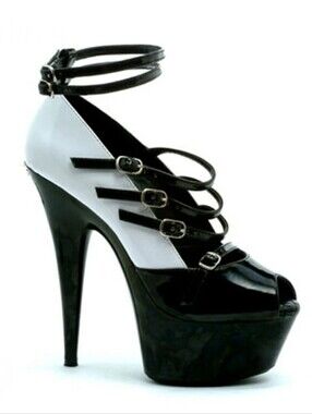 Penthouse Black White Patent Strappy Platform Open Toe Stripper Heels Pumps, 5